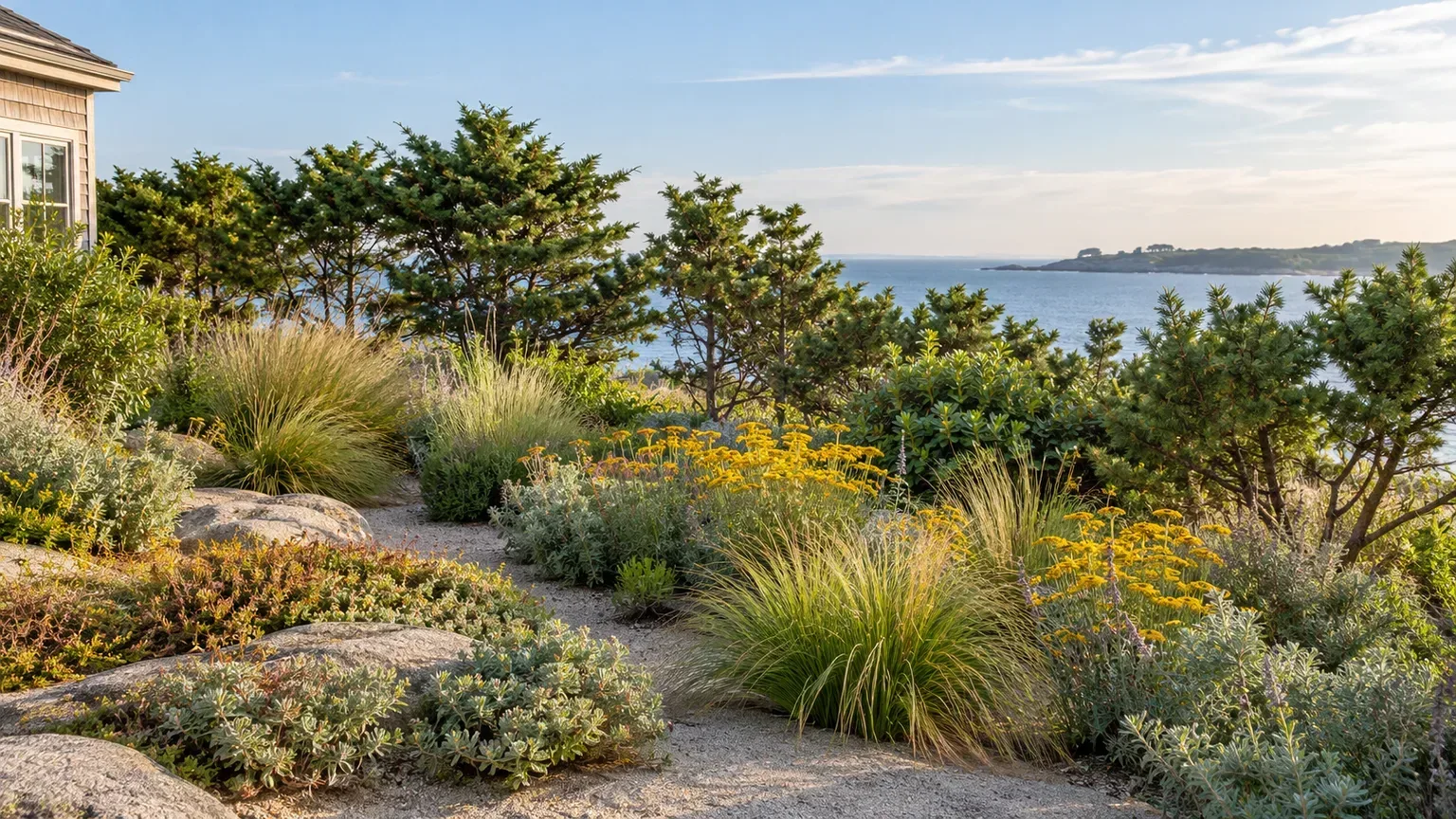 A permeable shrub screen filtering wind around a coastal flower bed