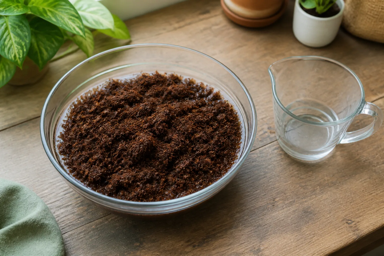 Expanded coconut coir soaking in a basin before it is mixed into a growing medium