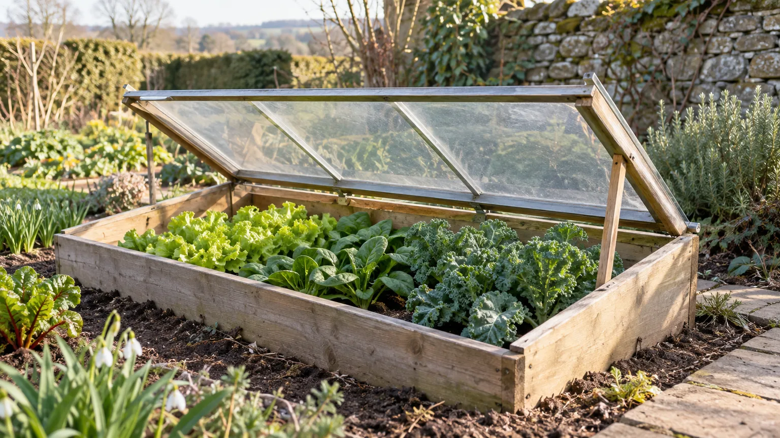 Low wooden cold frame with a sloping clear lid protecting leafy vegetables in a sunny garden