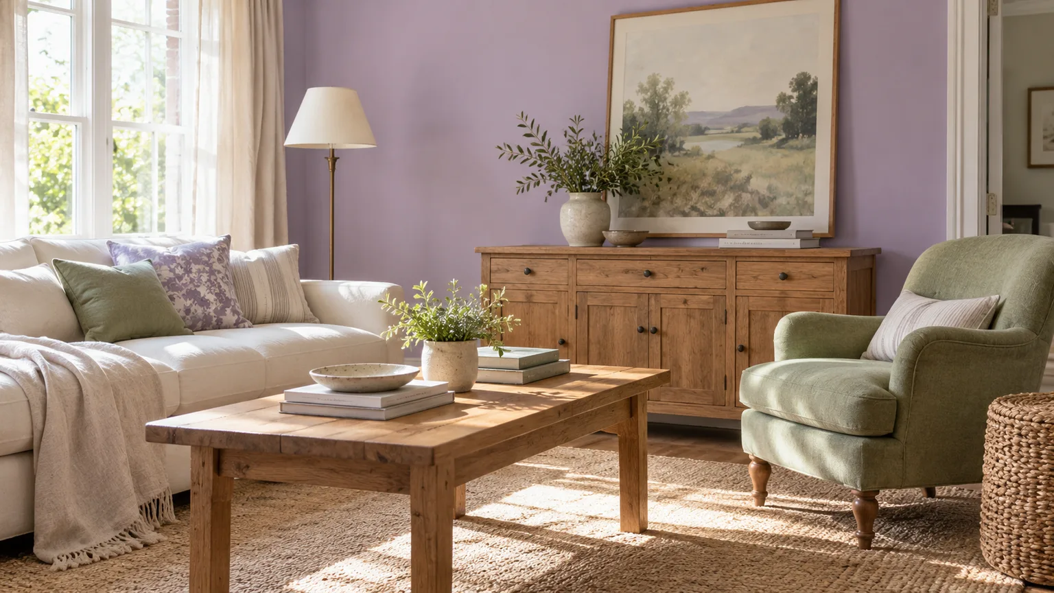 Lavender walls balanced with a sage-green chair, warm white upholstery, and natural wood in a bright living room
