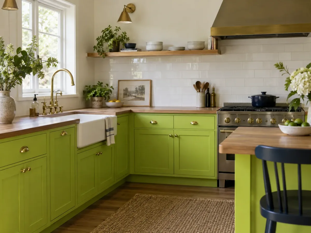 Lime-green kitchen cabinets balanced by warm white tile, natural wood, and brass details