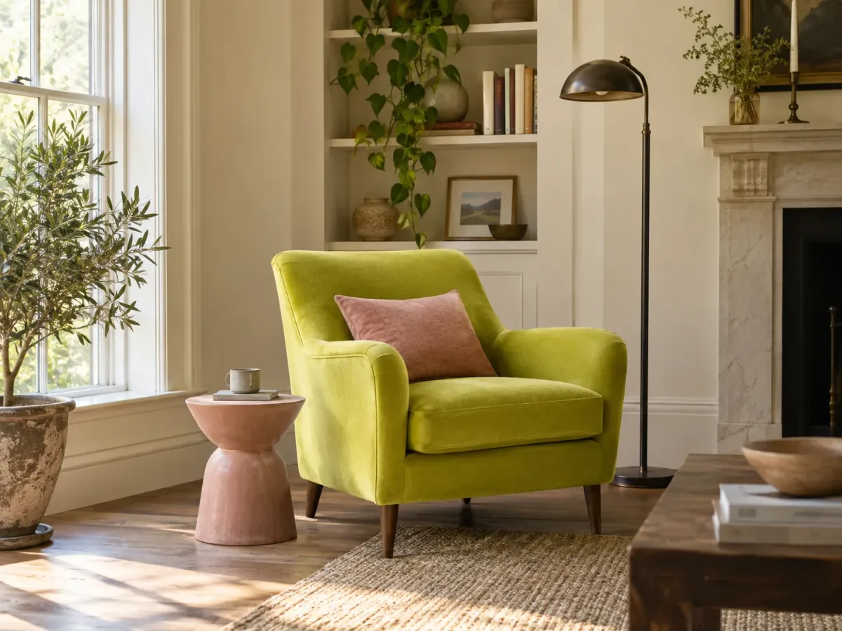 Lime-green armchair paired with a muted dusty-pink cushion, warm cream, and walnut