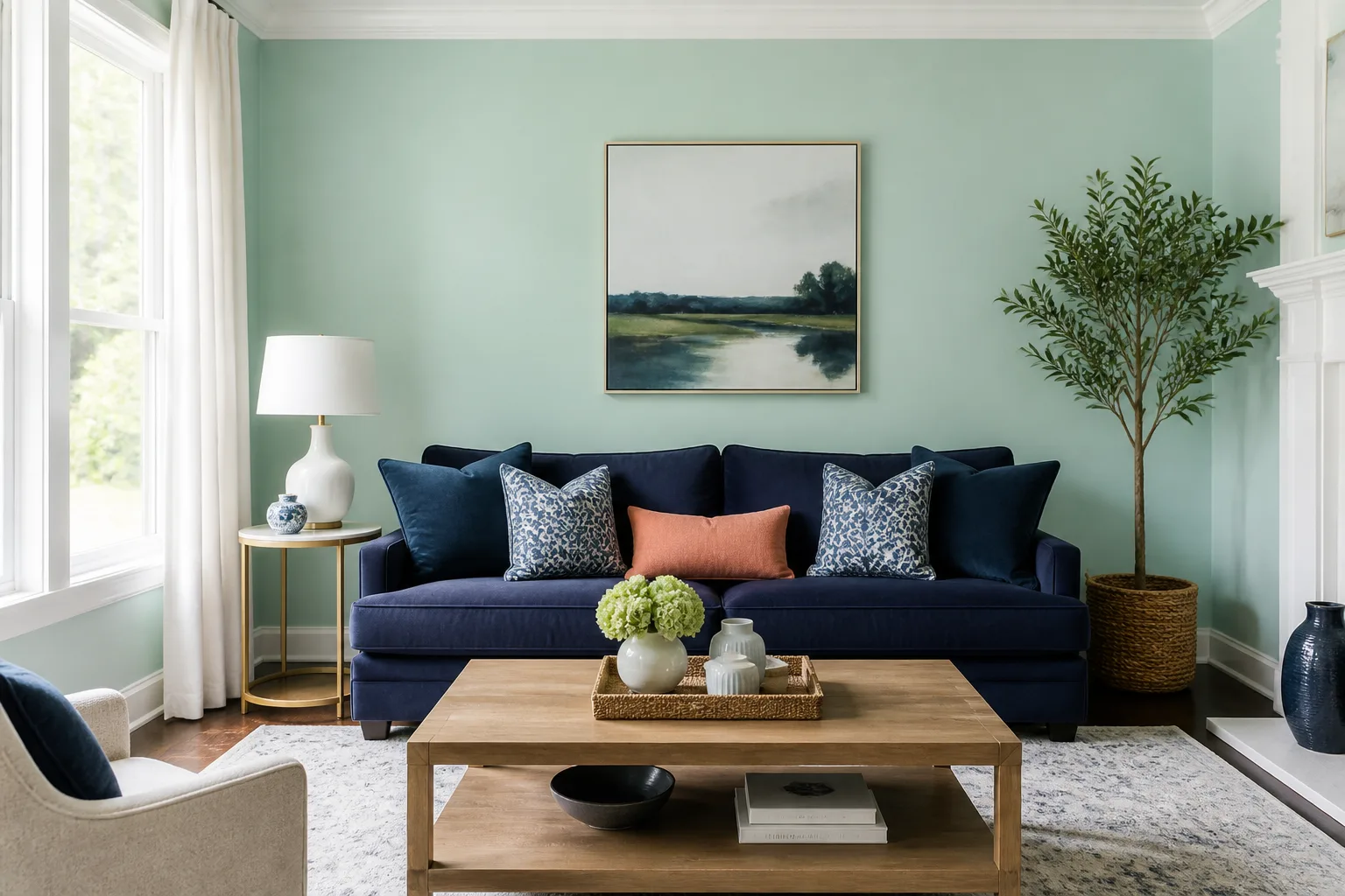 Sage green living room with navy seating, warm wood, and a coral accent pillow