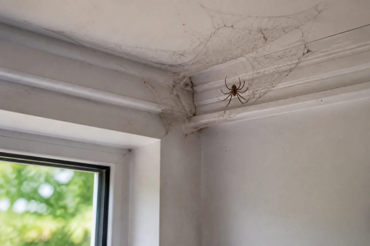 Common house spider in a webbed ceiling corner beside a window