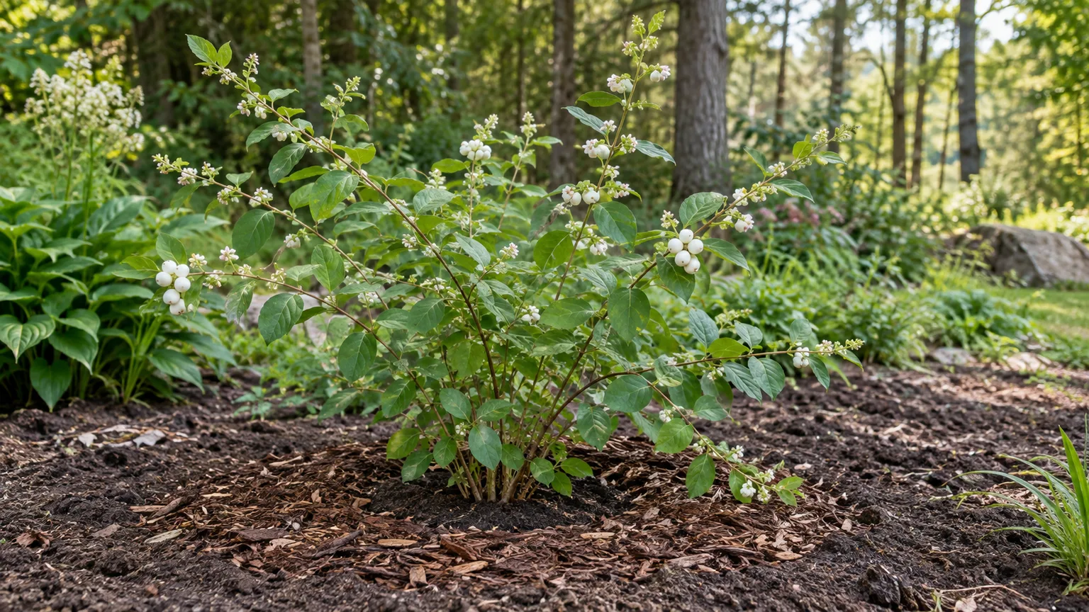 A berry shrub growing beside a garden path, illustrating the open access needed for inspection and harvest