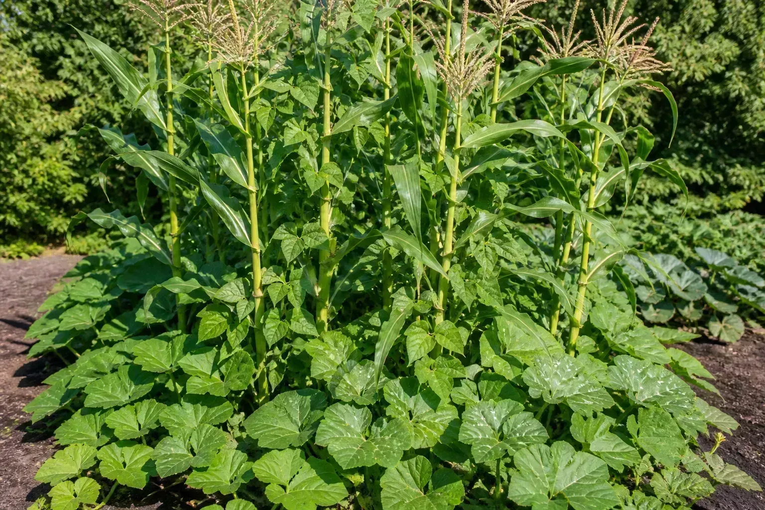 Raised vegetable garden bed with peas, beans, and corn growing together in a companion planting layout