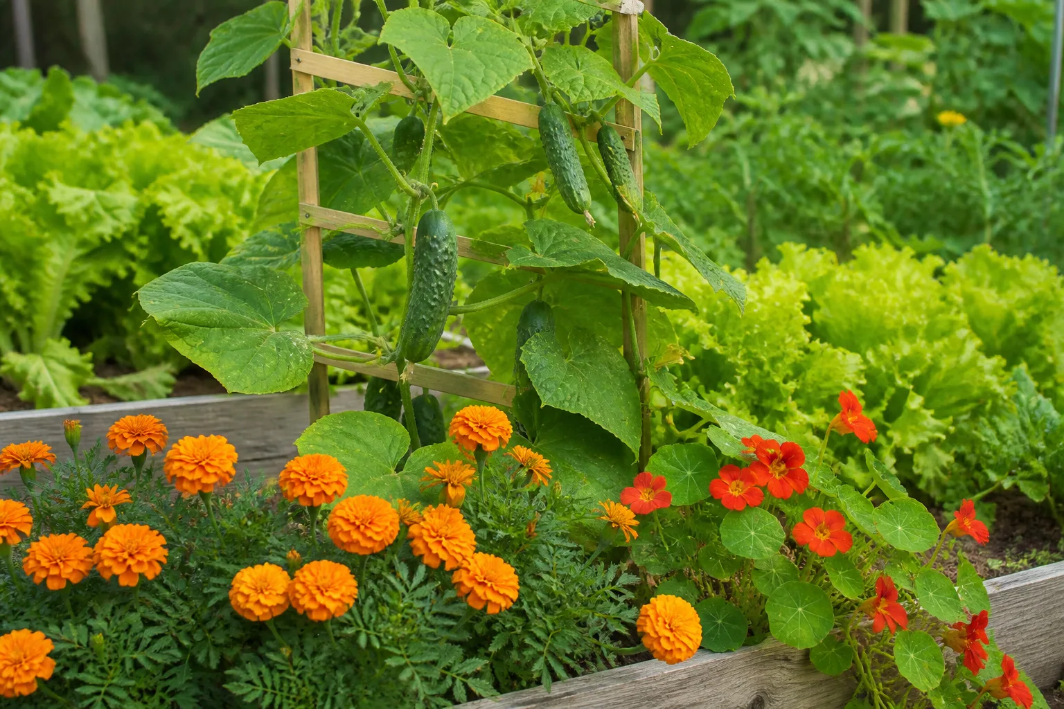 Trellised cucumber vine with harvest-ready fruit in a mixed garden