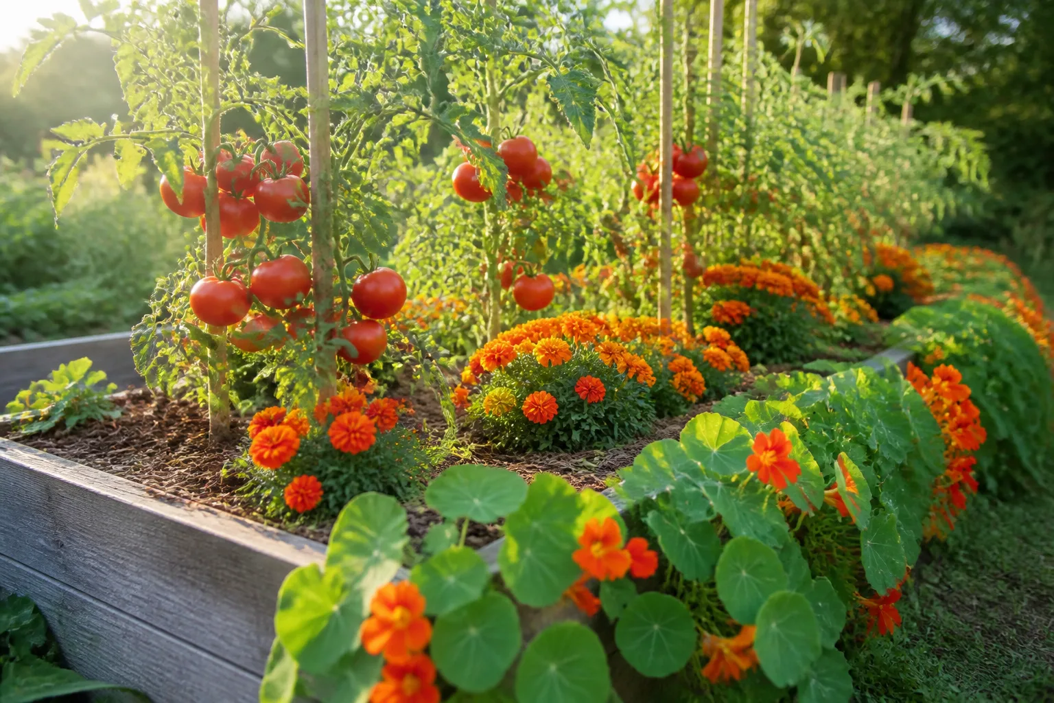 Staked tomato plants growing with low border plants in a sunny raised garden bed
