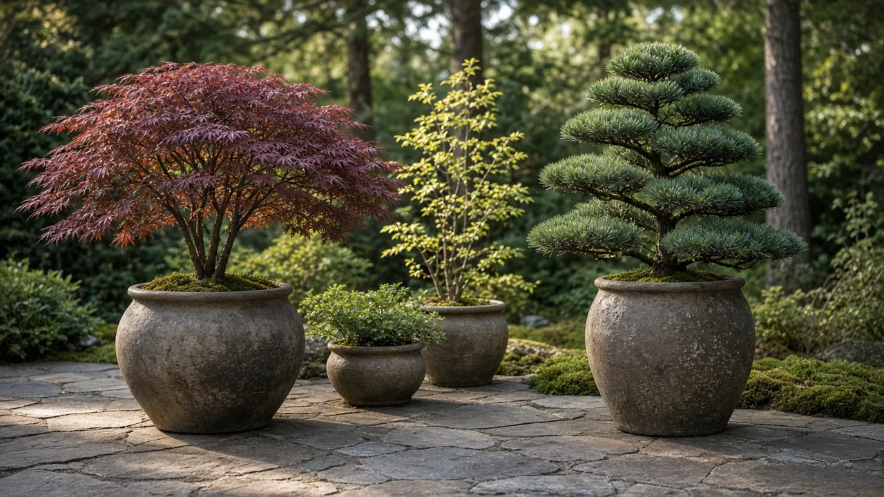 Container-grown bay laurel topiary in a stable patio pot