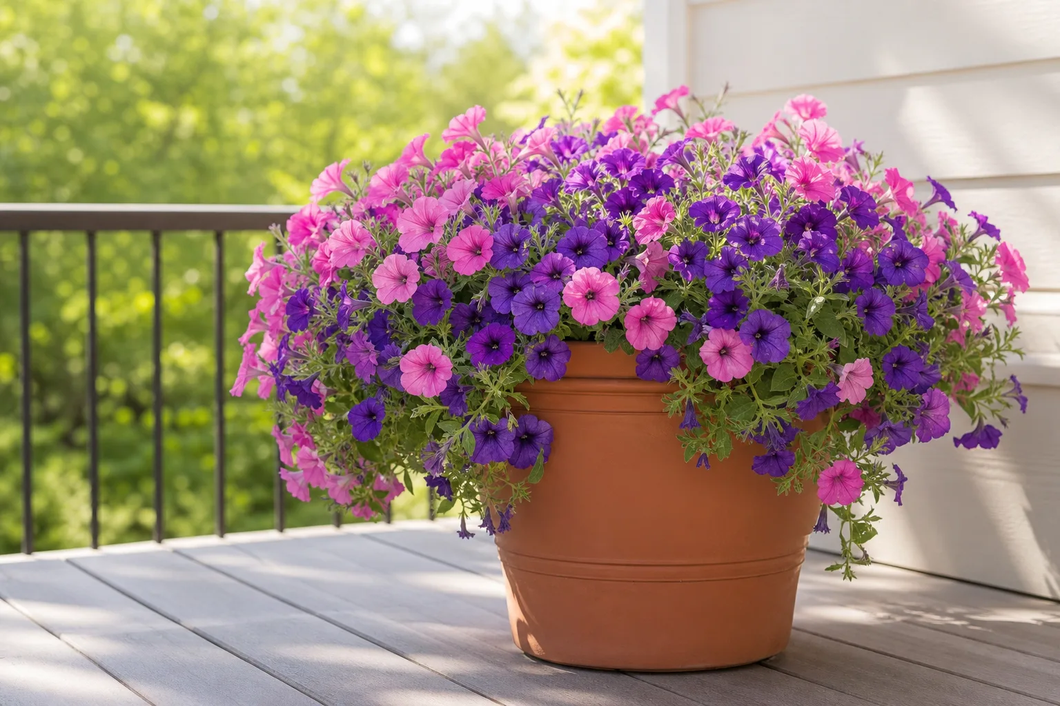 Purple trailing petunias spilling from a 14-inch patio pot in full sun