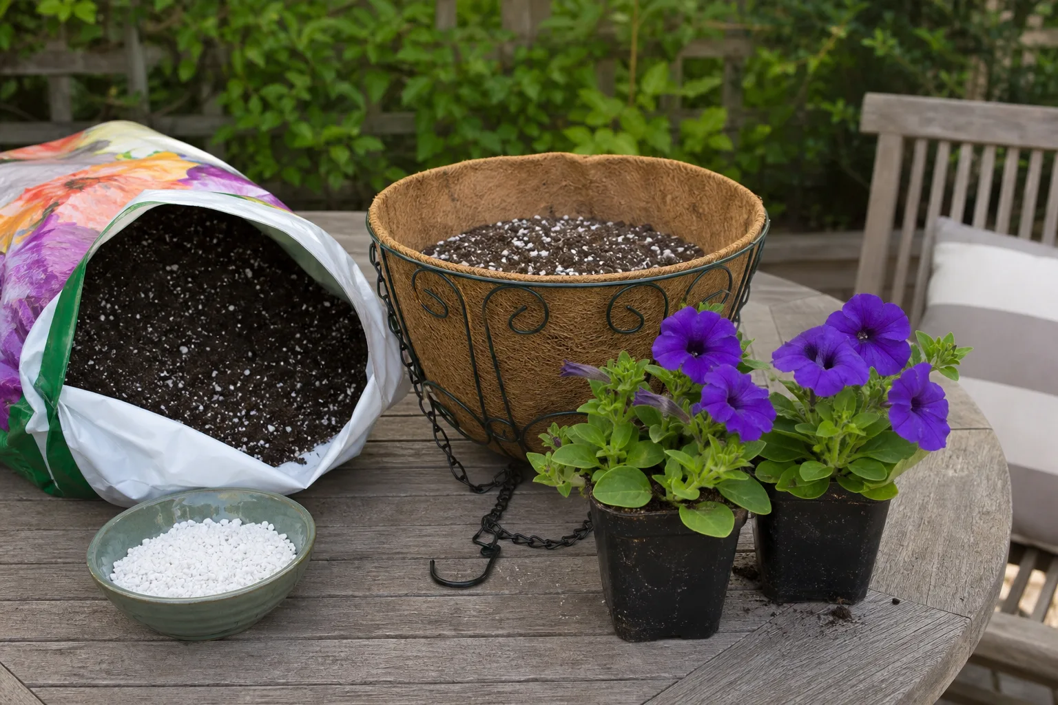 Airy container mix and a flowering pot prepared for planting on a patio