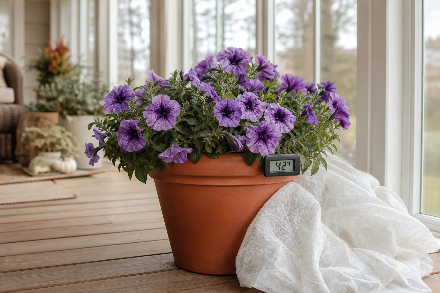 Wave petunia on an enclosed porch with a thermometer and frost cloth ready for cold nights