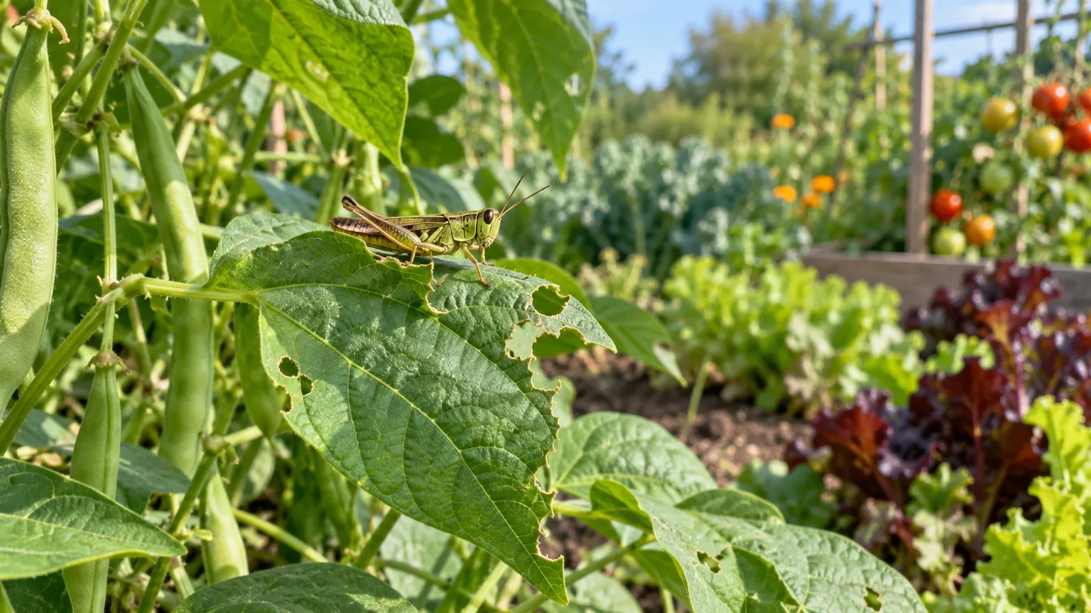 Grasshopper feeding on a bean leaf in a vegetable garden