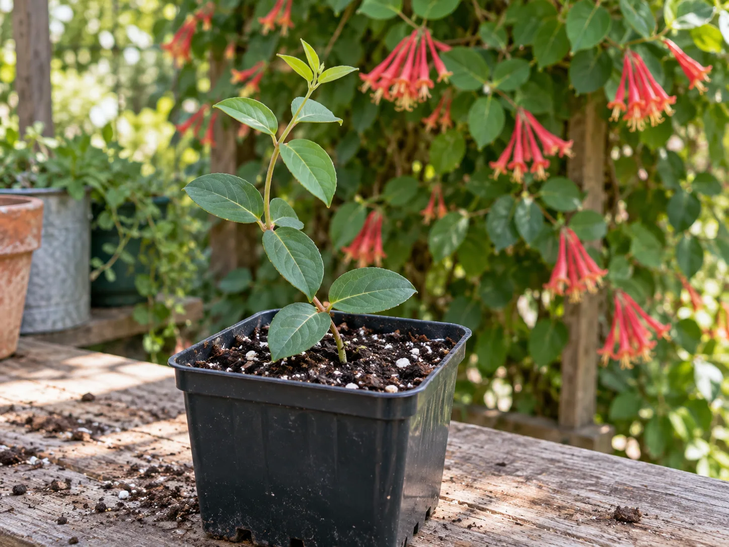 A softwood coral honeysuckle cutting begins rooting in a shaded propagation pot