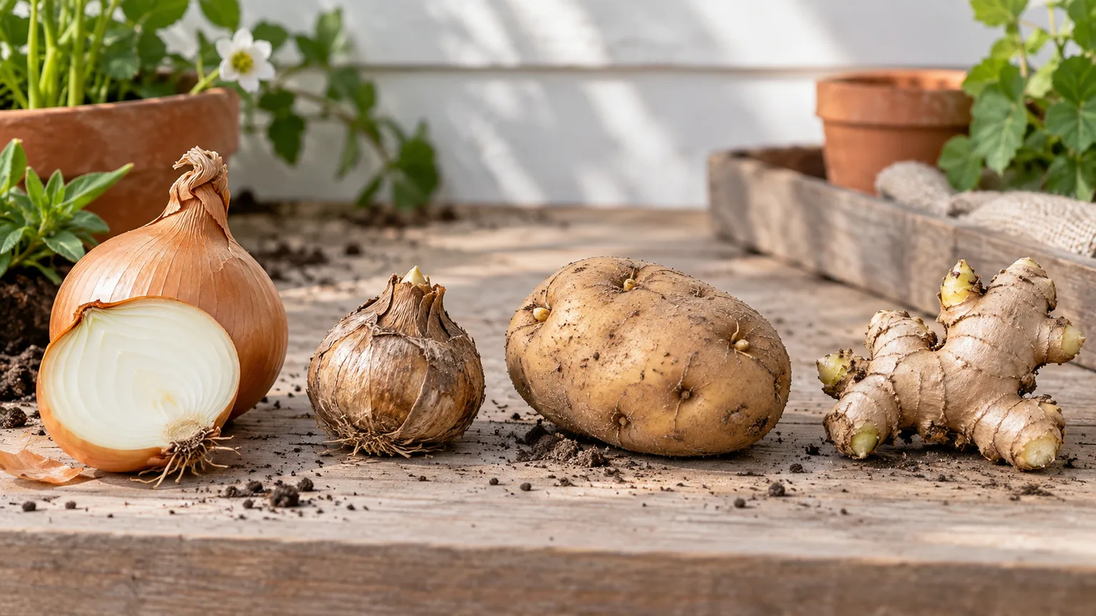 Four plant storage organs side by side: layered onion bulb, solid corm, potato tuber, and ginger rhizome