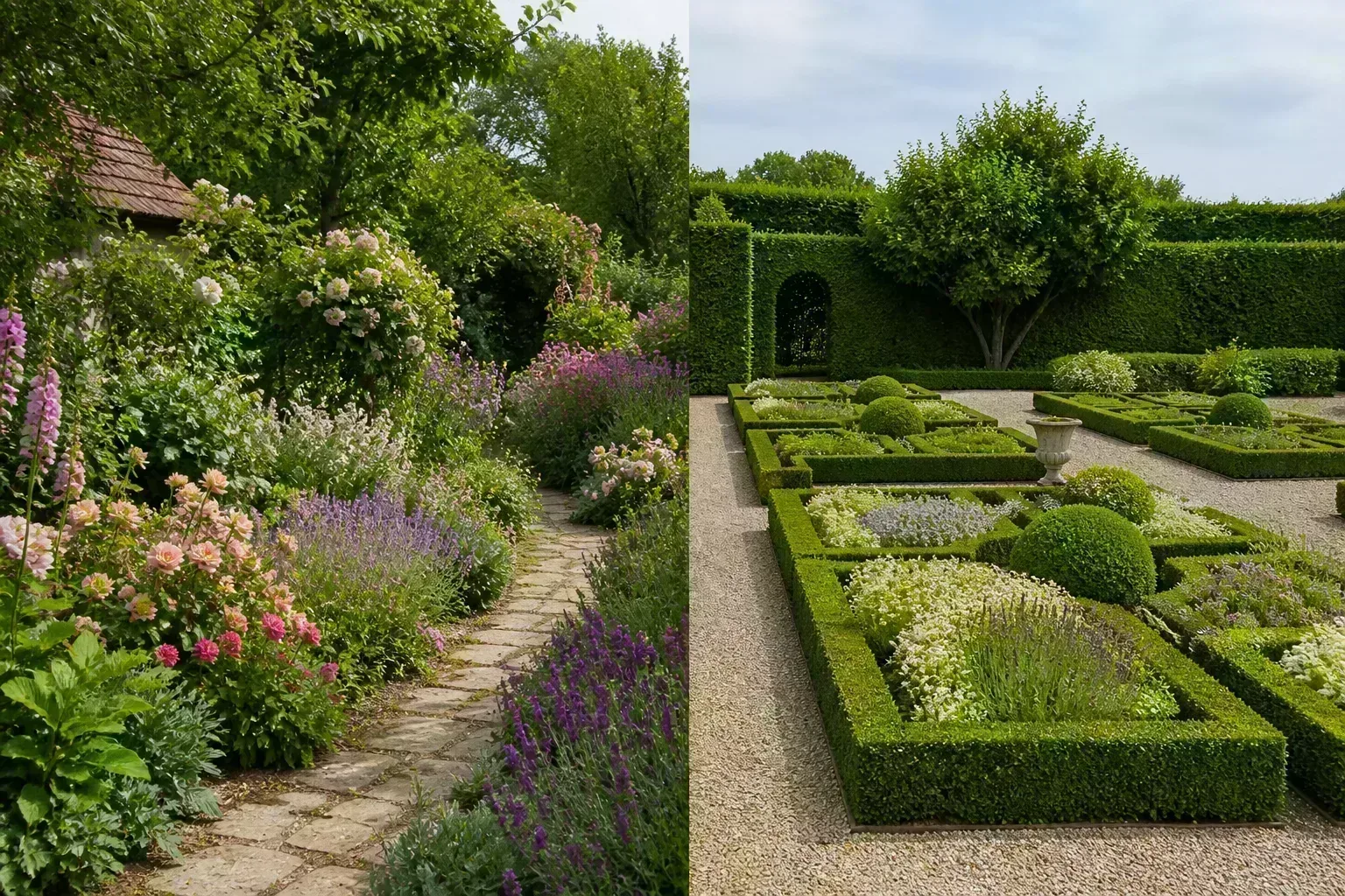 A clipped geometric parterre beside a looser flowering garden