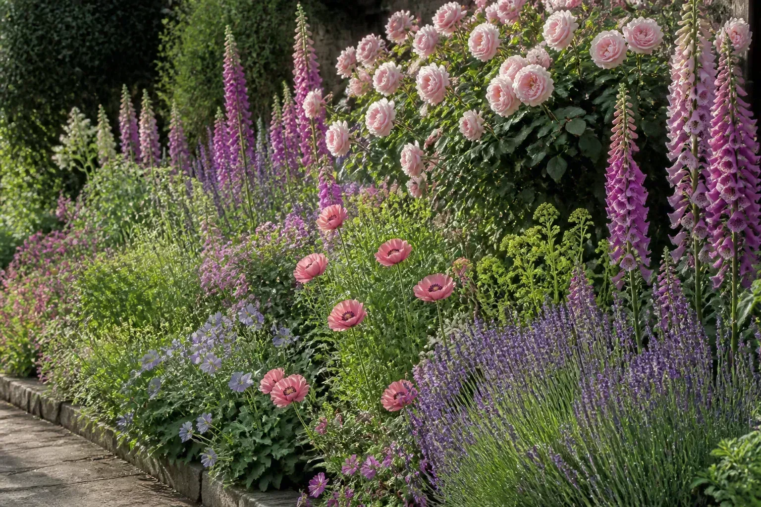 Soft pink and purple flowers line a path in a relaxed cottage garden