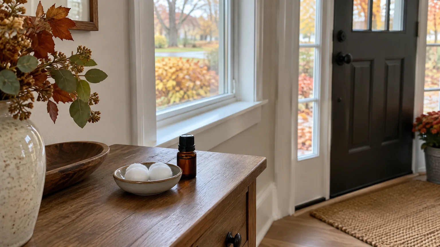 Two cotton balls with an essential-oil bottle on a fall entryway console