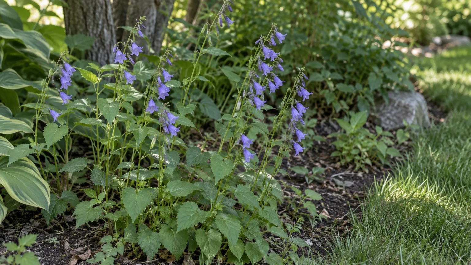 Creeping bellflower with nodding violet bell-shaped flowers and toothed leaves along upright stems