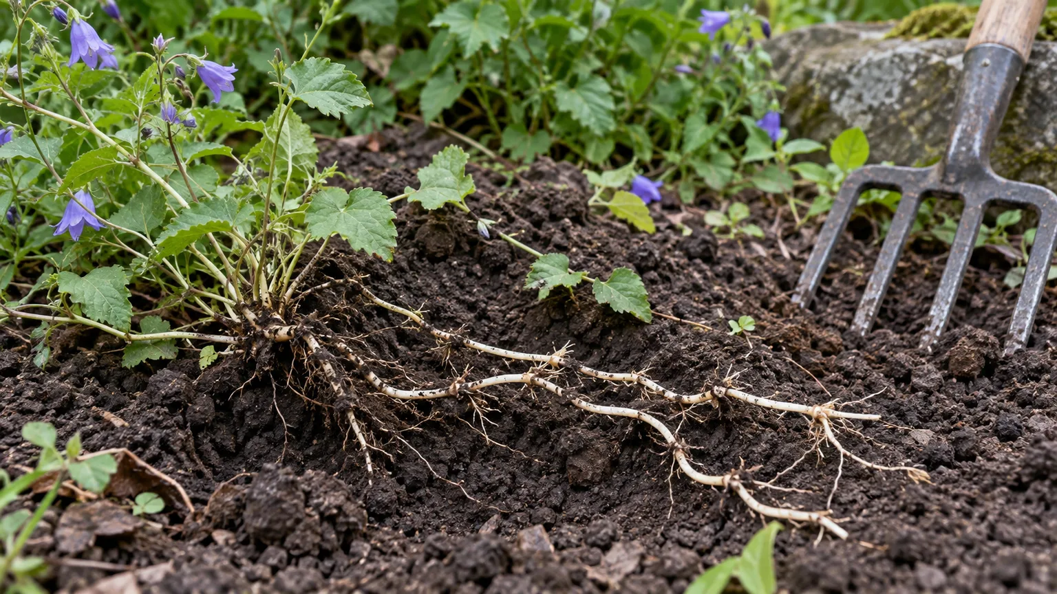 Creeping bellflower rhizomes exposed in loosened garden soil beside the excavated crown