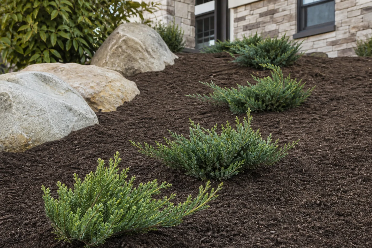 New creeping juniper plants set at measured intervals in a prepared outdoor bed