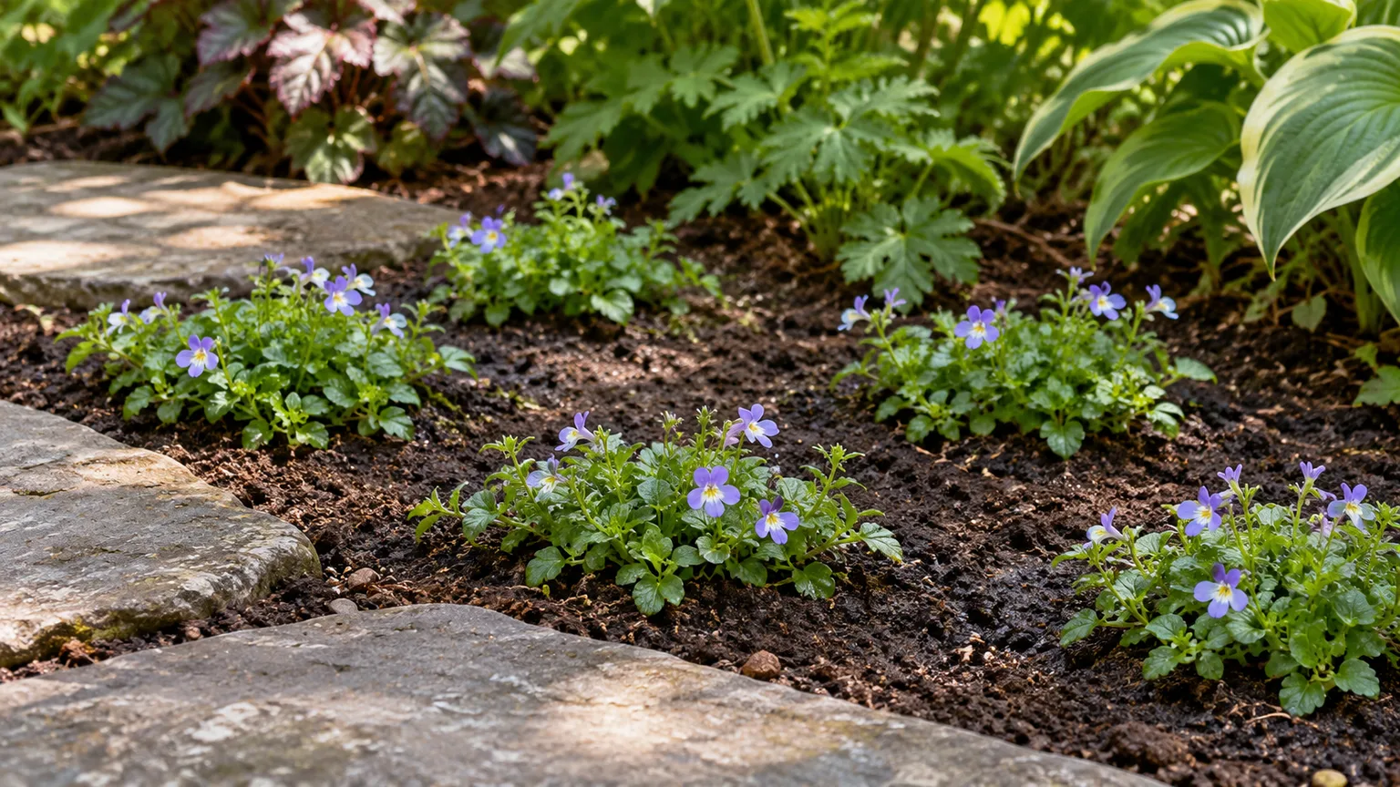 Creeping mazus plugs spaced in moist soil between garden stepping stones