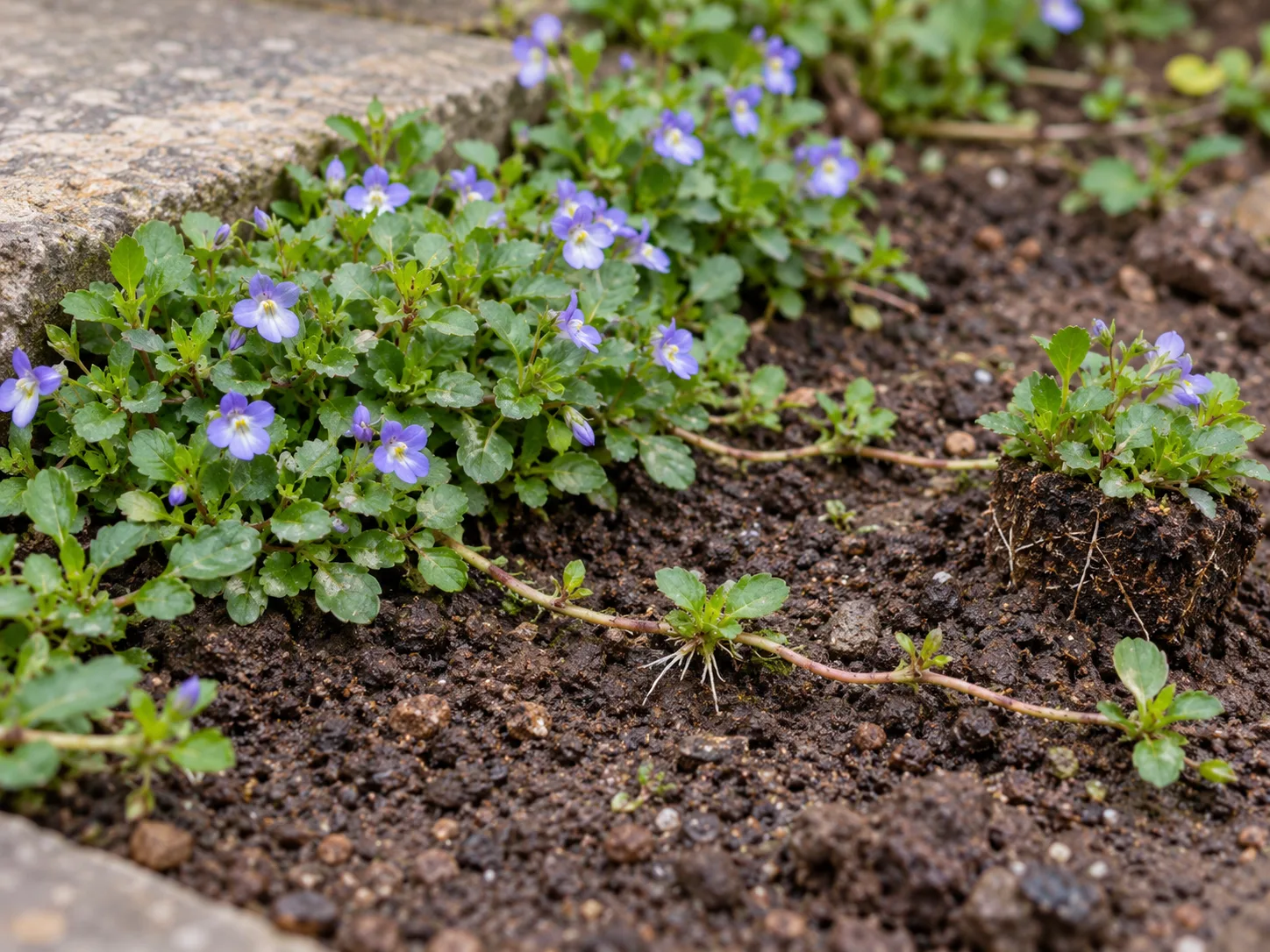 Creeping mazus runner rooted at a node beside a small divided plug