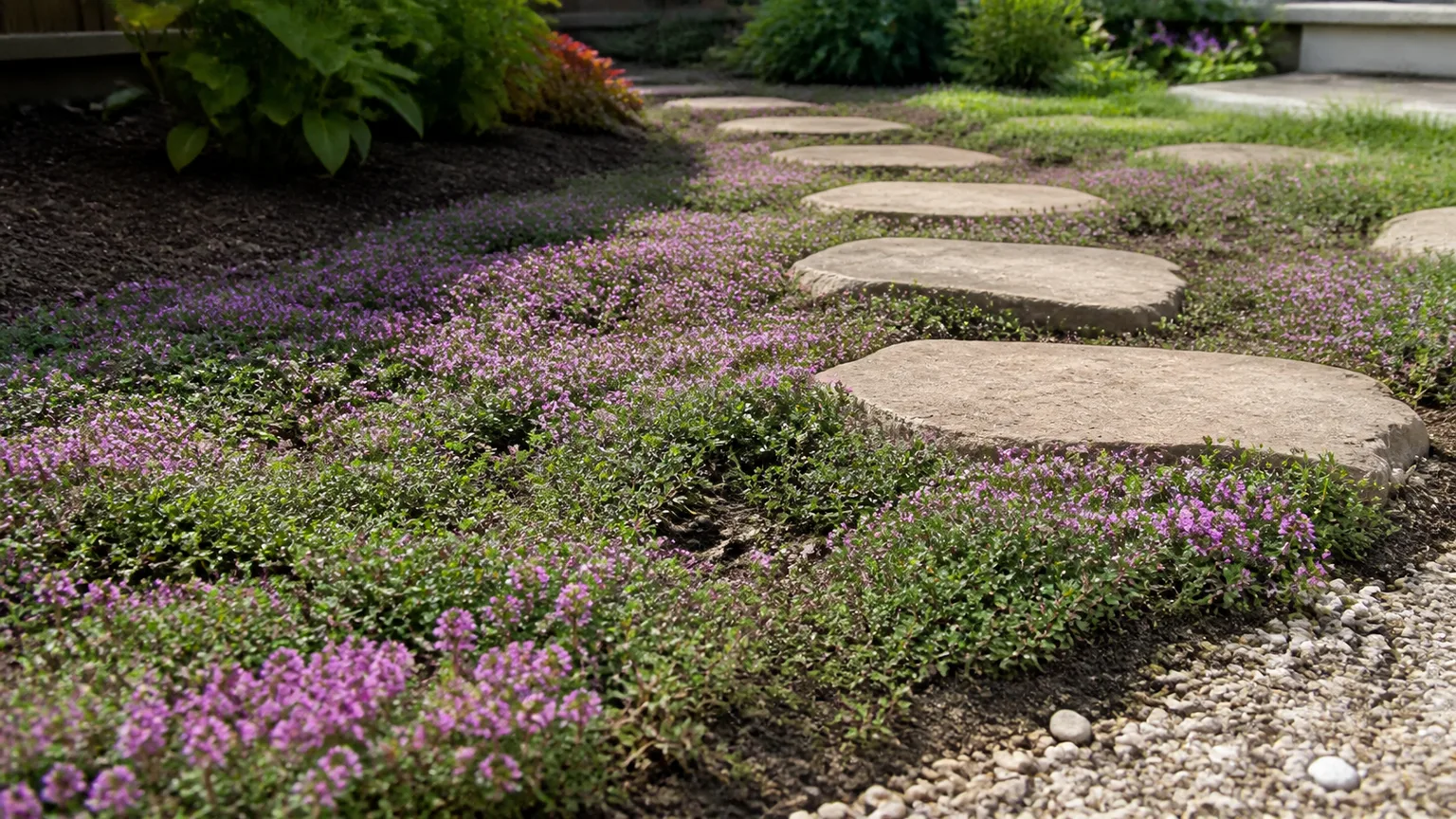 Low creeping thyme lawn blooming around stepping stones in a sunny spring garden