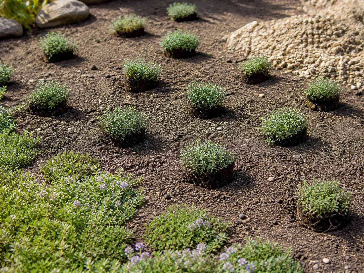 Creeping thyme plugs arranged in staggered rows in gritty soil beside an established low mat