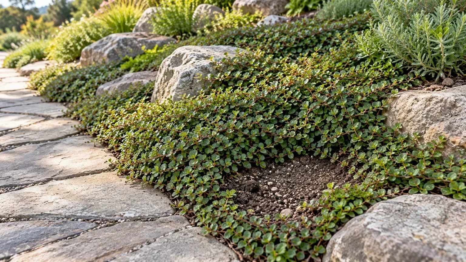 Creeping wire vine forming a low mat between stone edging and a sunny path