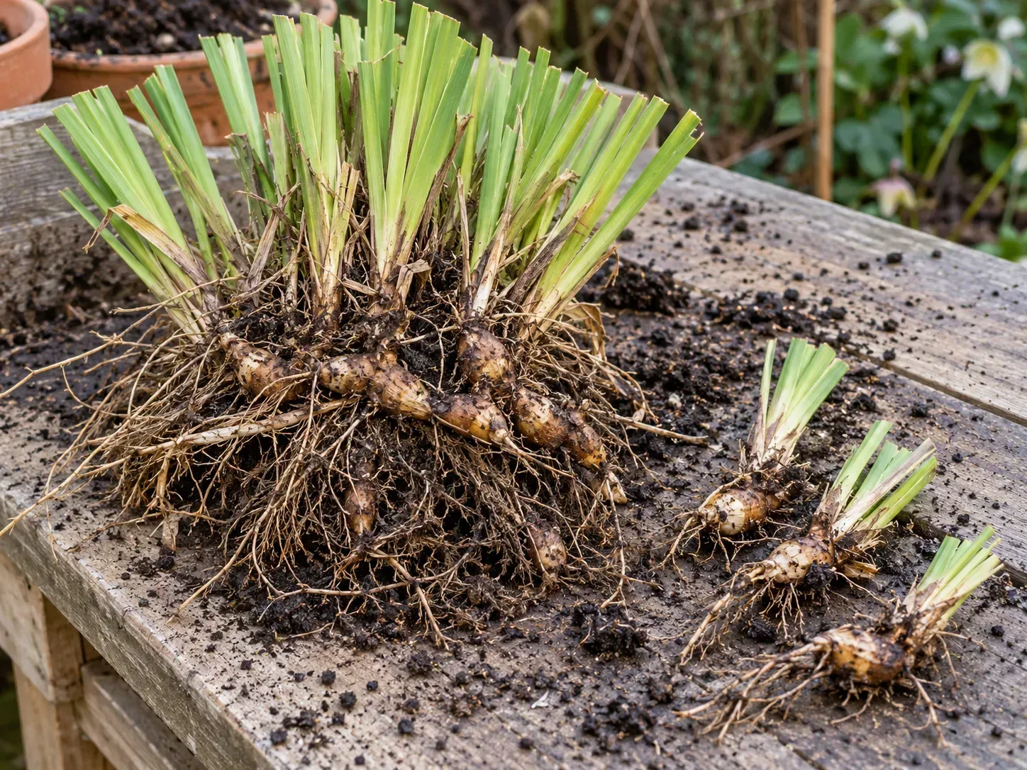 A lifted Crocosmia clump showing chained corms and offsets ready for division