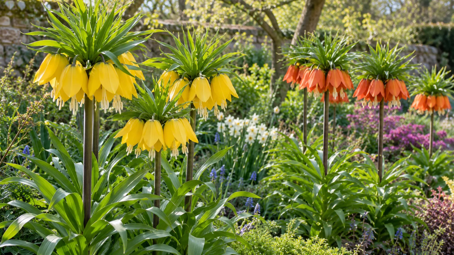 Yellow and orange-red crown imperial flower forms in a sunny spring border