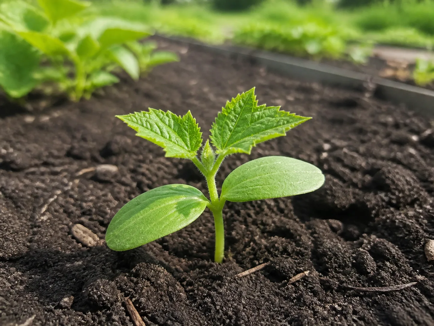 Young vegetable seedlings in a spring garden row vulnerable to cutworm damage