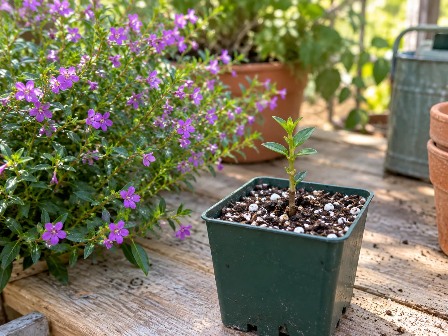 A fresh Cuphea tip cutting set in moist, free-draining mix beside the parent plant.