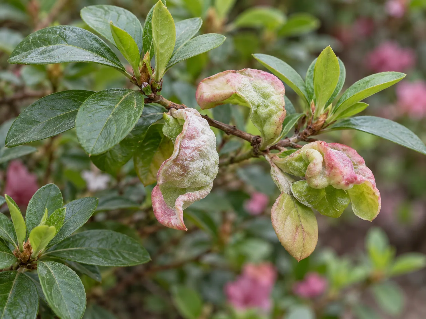 Azalea leaves distorted by leaf gall, a symptom to distinguish from ordinary fall color