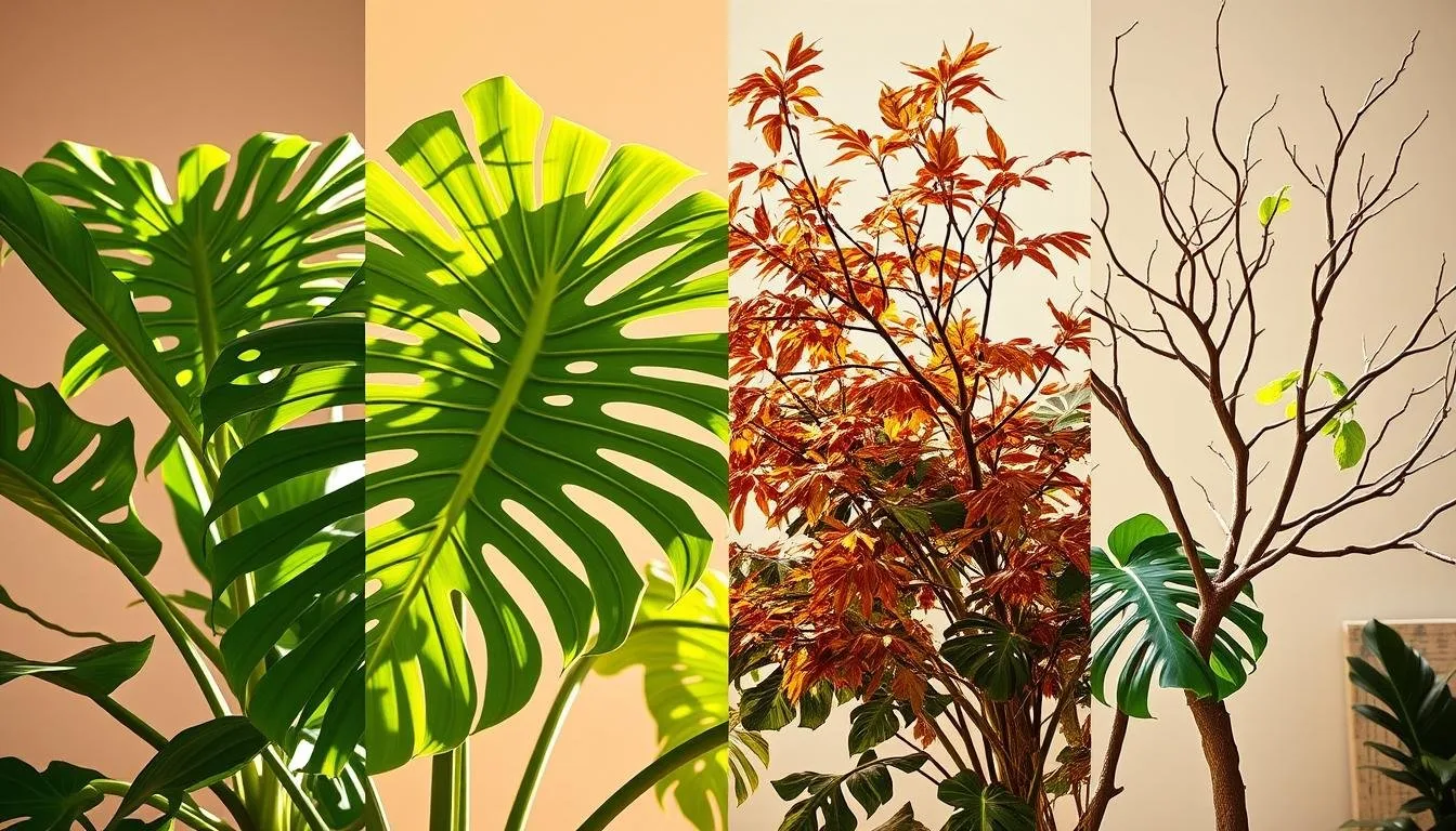 Large Monstera deliciosa in a minimalist living room corner beside a window with bright indirect light and a simple cylindrical planter
