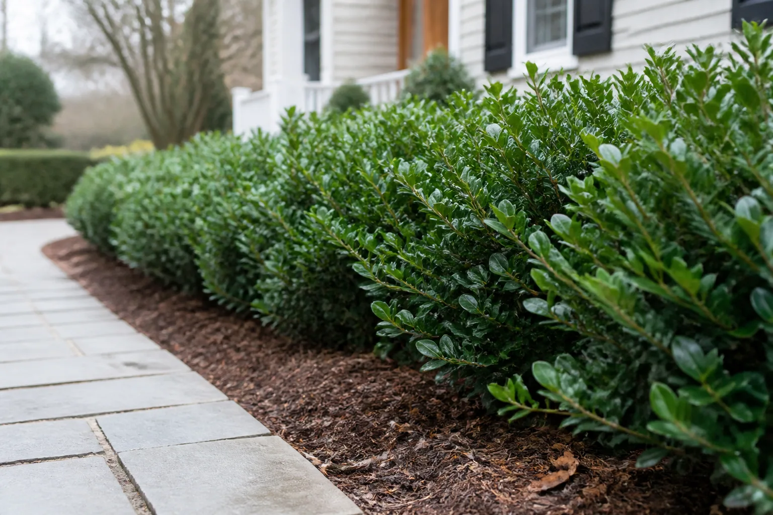 Inkberry holly shrubs forming a dense evergreen privacy hedge along a property line