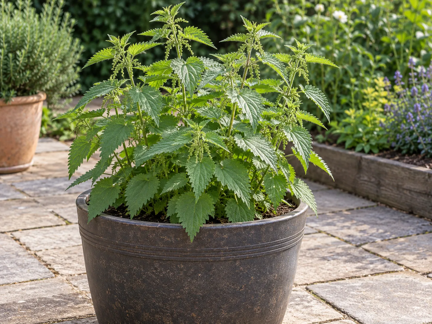 Stinging nettle growing in a dedicated planter on a paved patio
