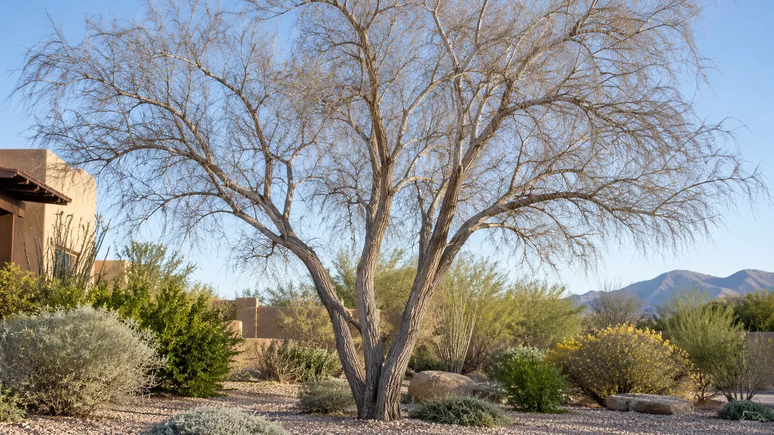 Open multi-trunk desert willow structure after selective dormant-season pruning