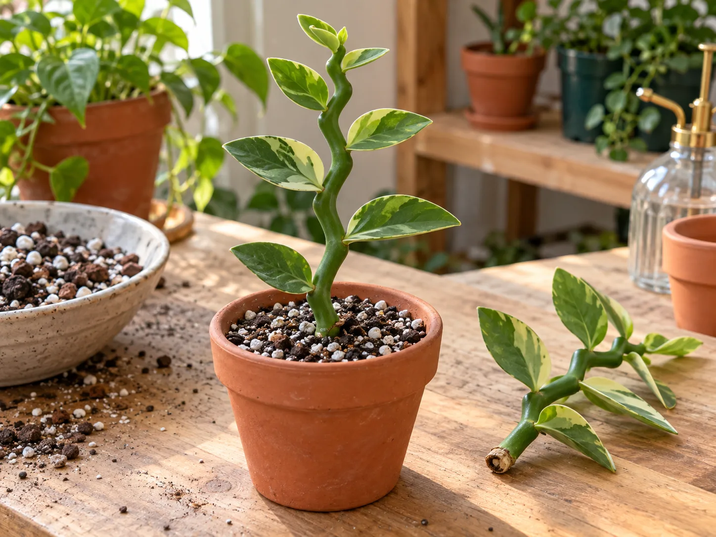 A callused Devil’s Backbone stem cutting set into airy propagation mix