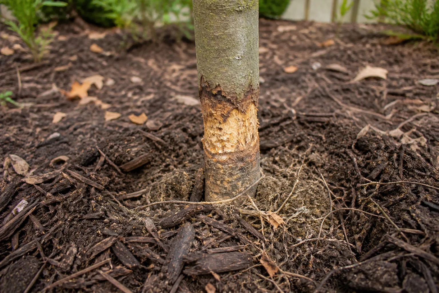 Vole bark girdling damage at the base of a young ornamental tree trunk