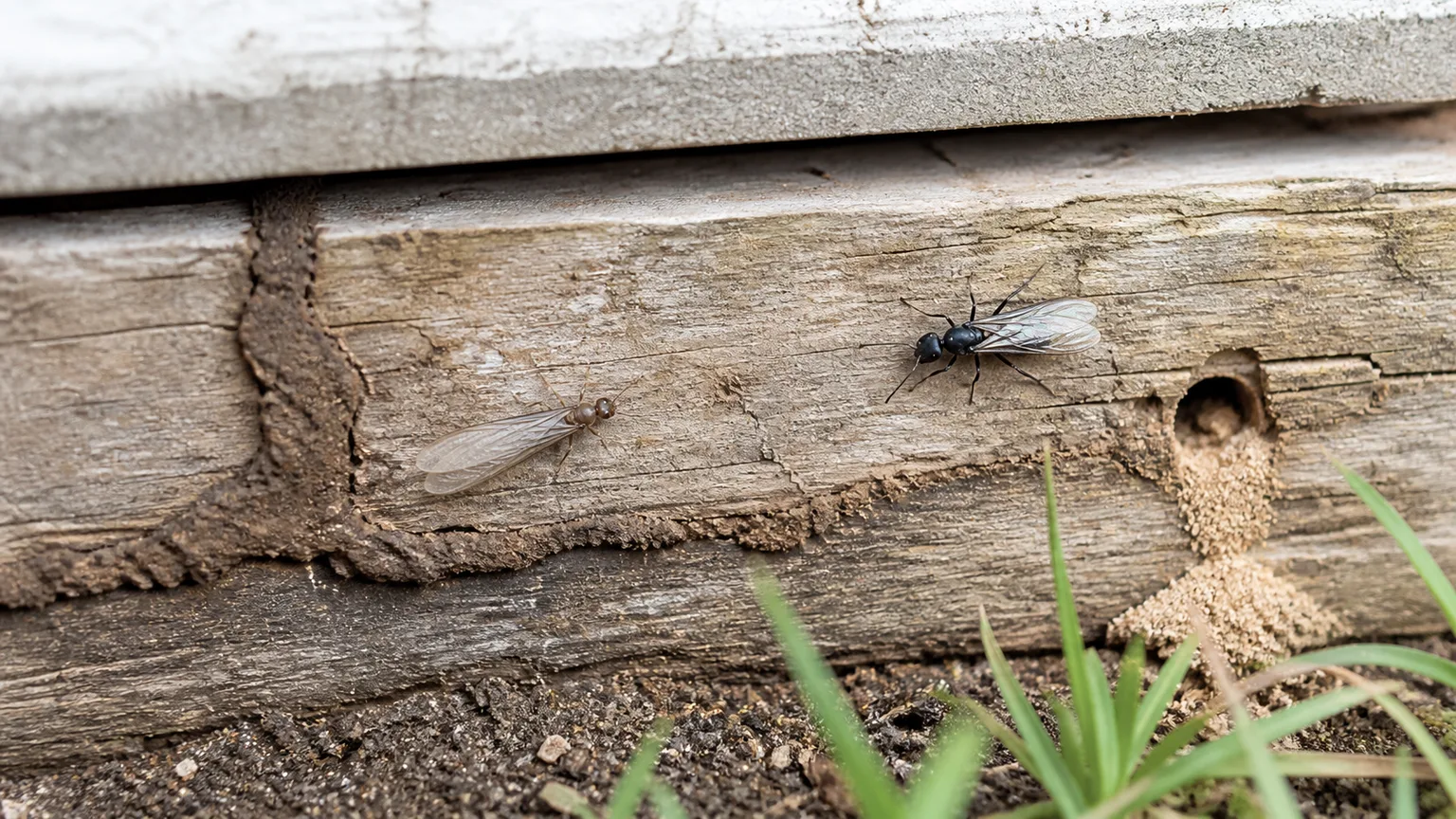 Carpenter ants and wood frass on a weathered wooden structure
