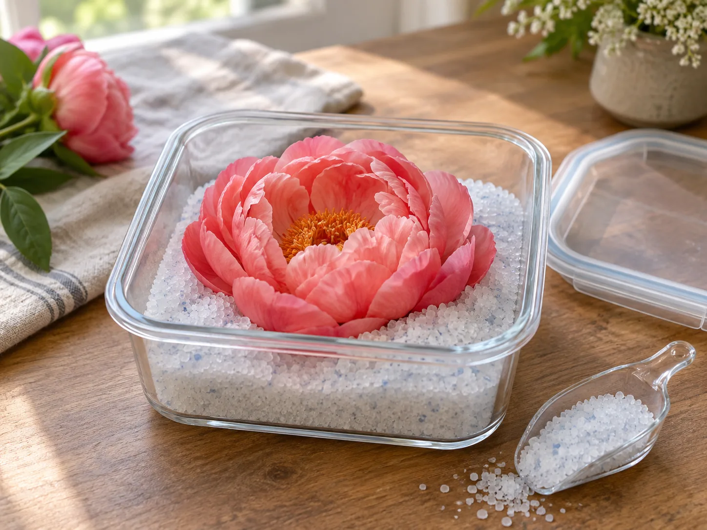 A full pink peony surrounded by silica gel in a clear container