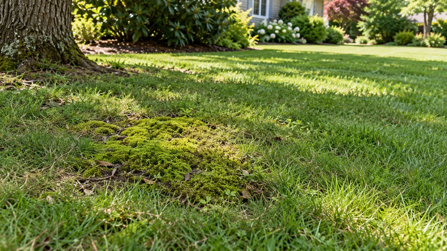 Shaded lawn with moss growing through thin grass beneath a tree