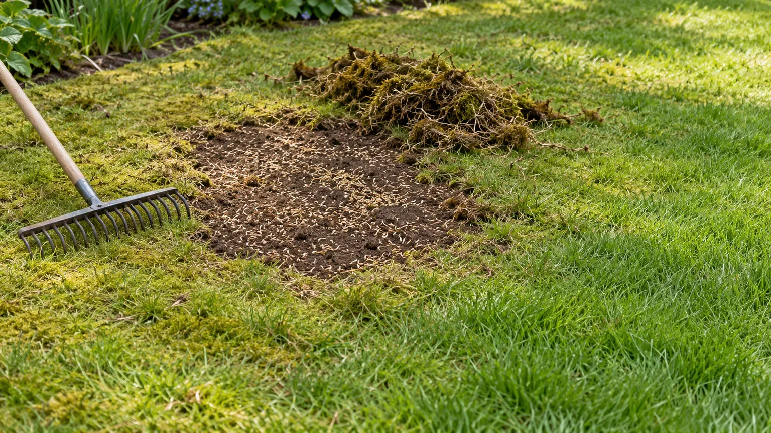 A mossy lawn patch raked clear and prepared for grass seed