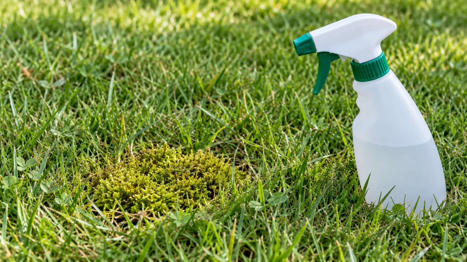 A plain hand sprayer beside a small moss patch, illustrating localized rather than broadcast treatment
