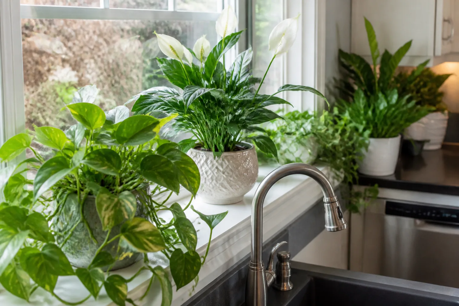 Sensitive plant on a bright kitchen windowsill with strong daylight