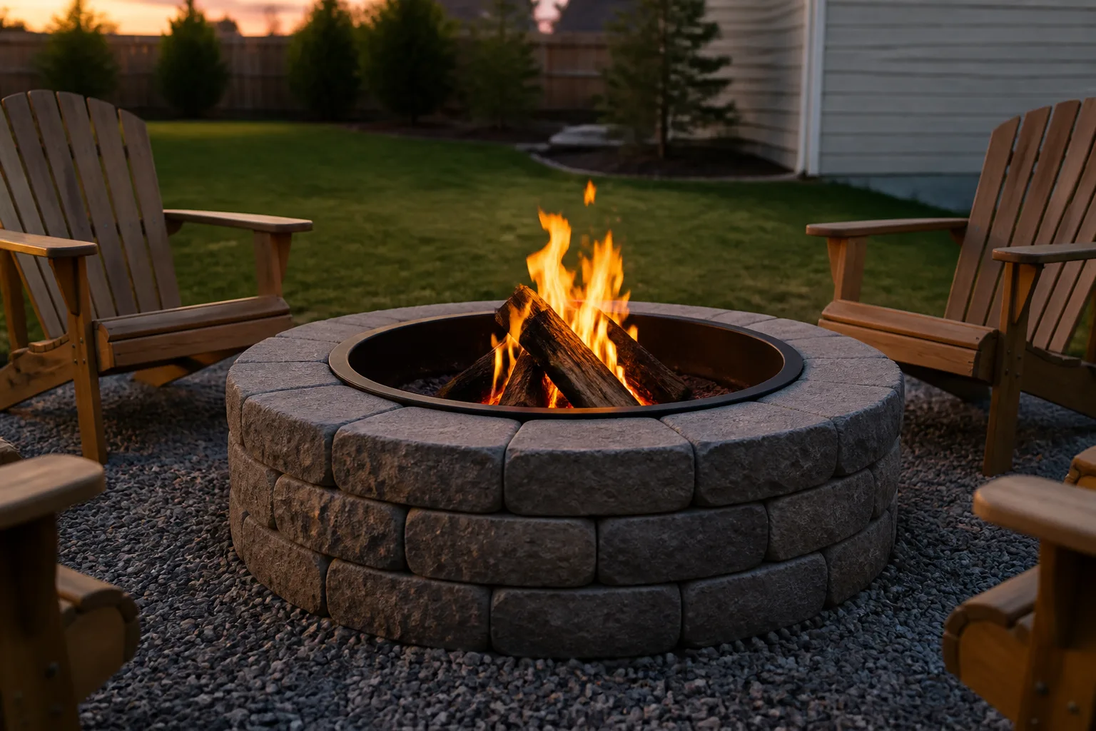 Round stone fire pit with Adirondack chairs on a gravel backyard patio at dusk