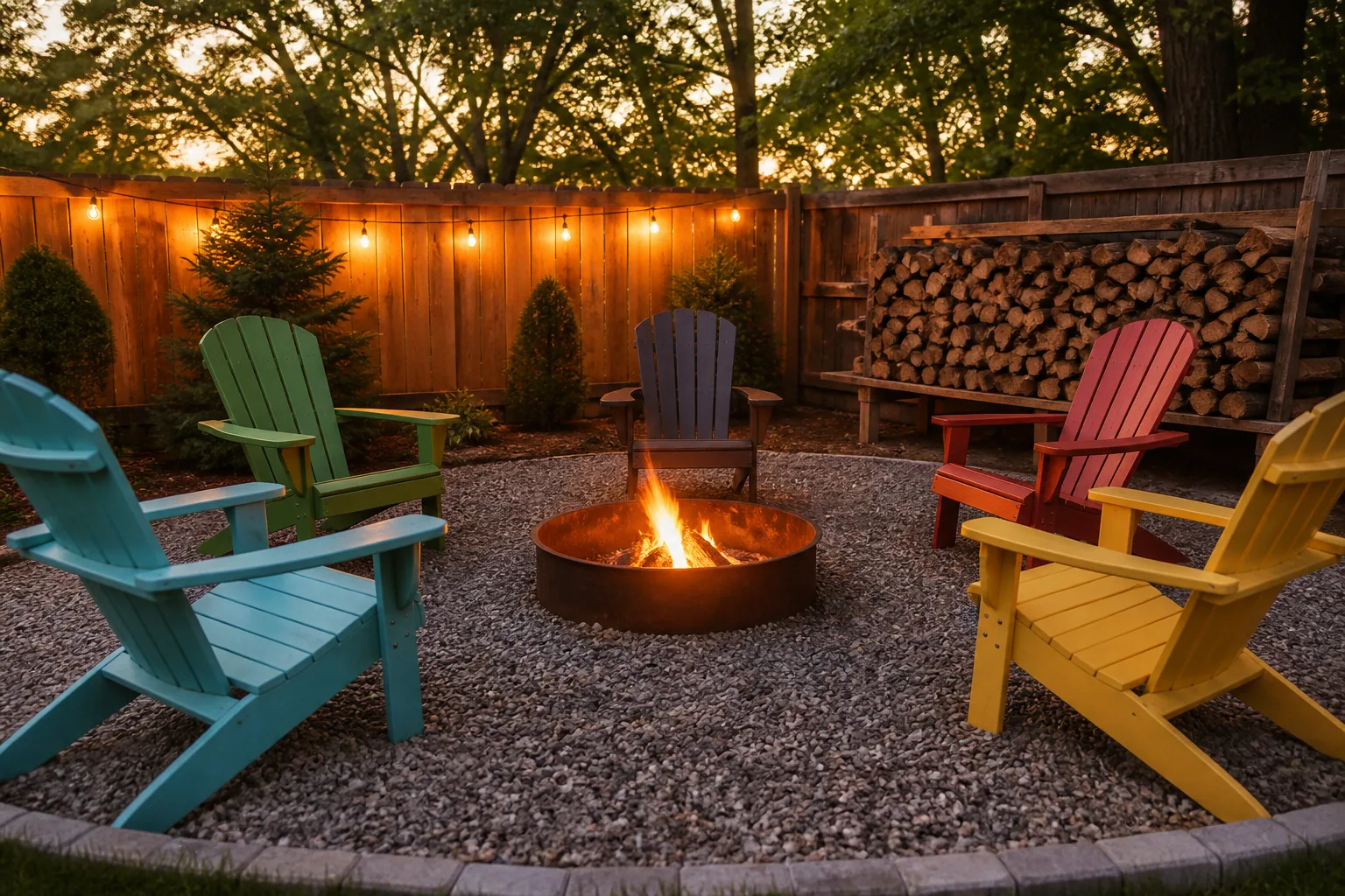 Backyard fire-pit seating area framed by warm string lights at dusk