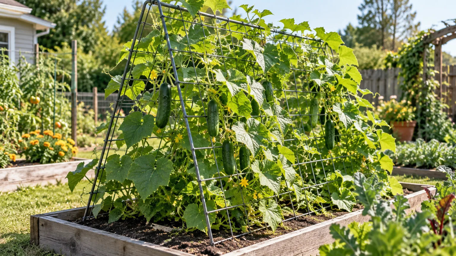 Vining cucumbers growing on a sturdy cattle-panel A-frame trellis in a raised garden bed